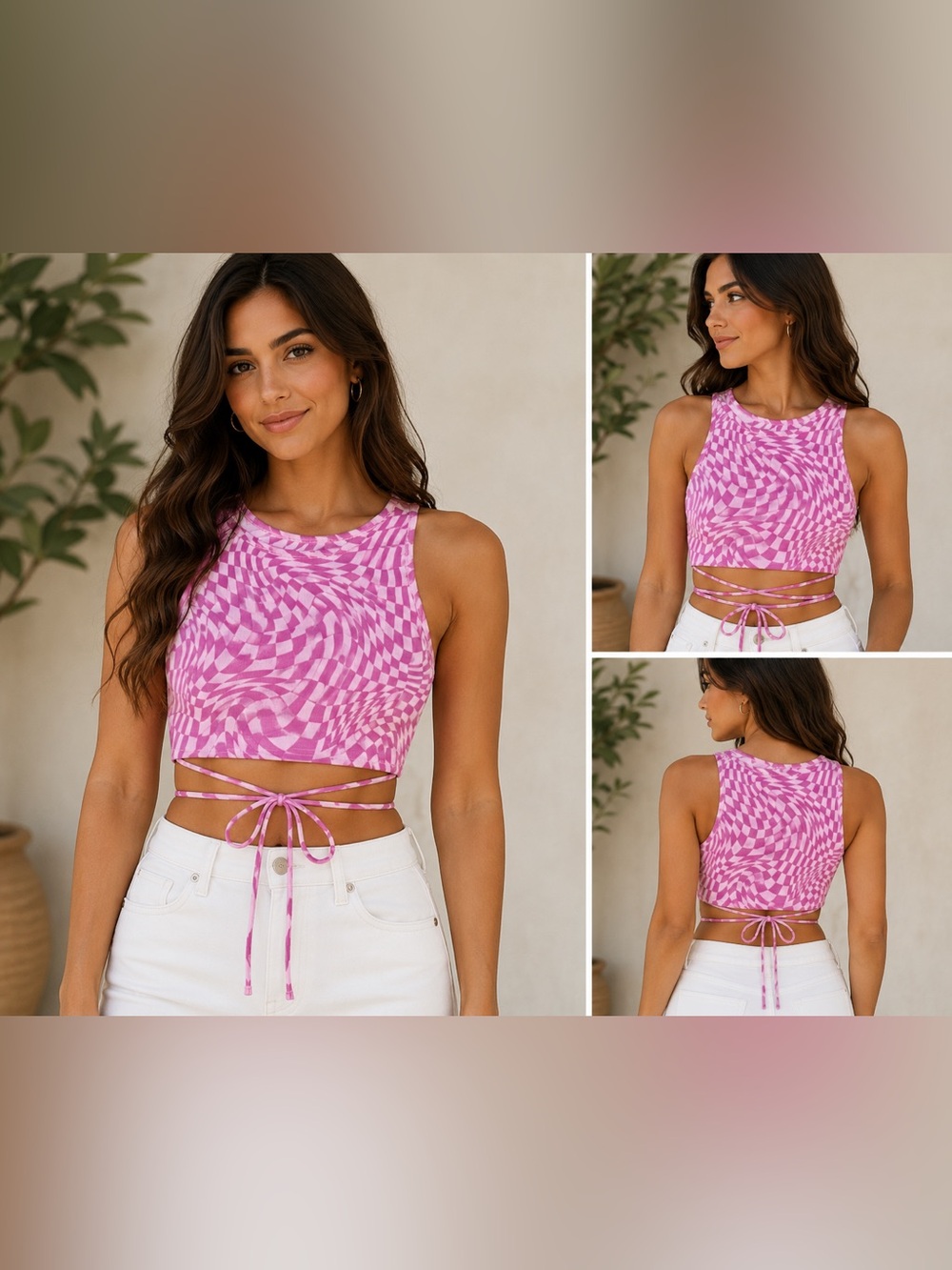 H&M Divided Pink Swirl Checkerboard Lace / Tie Crop Tank Top - Women’s Medium
